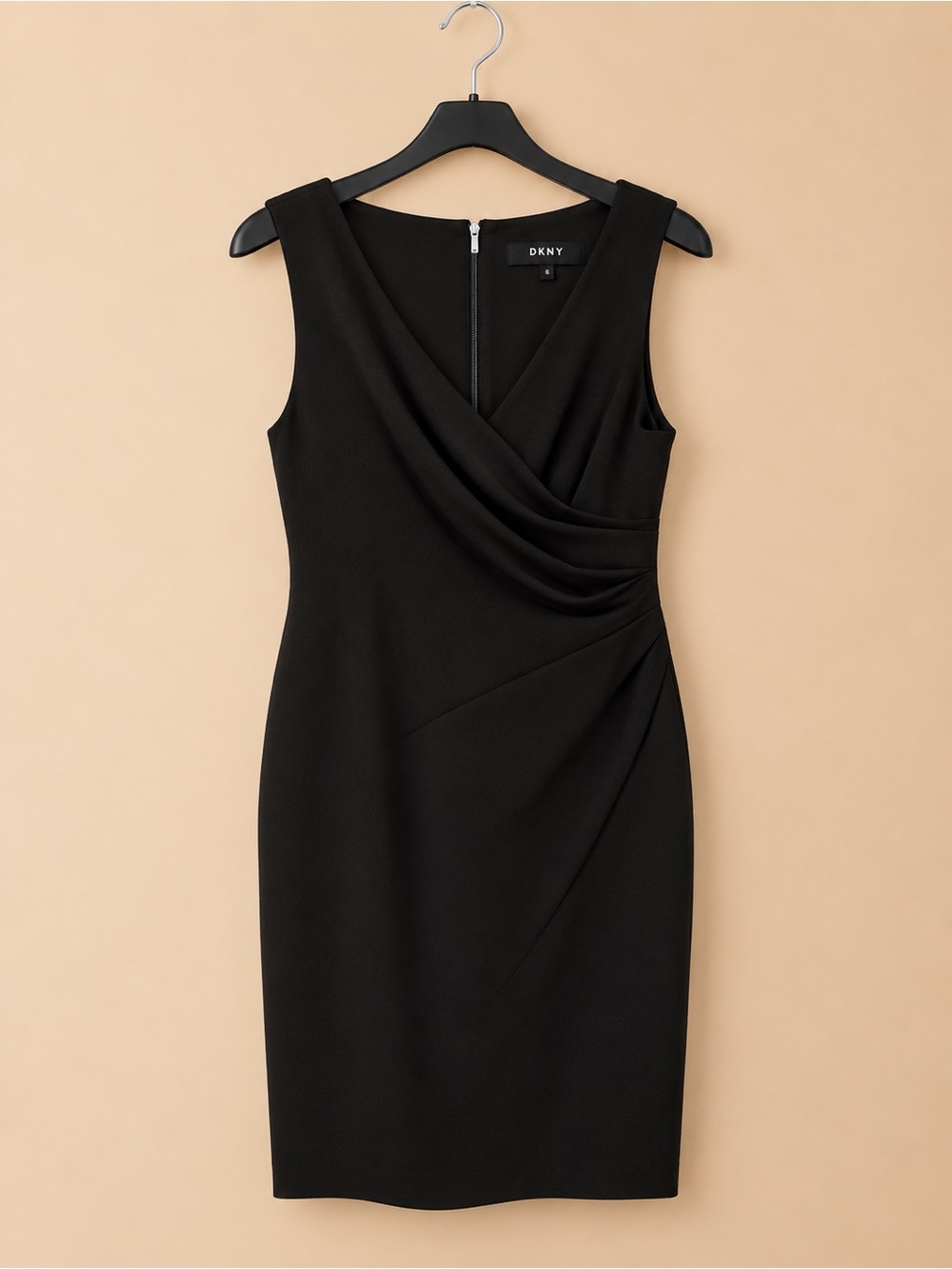 DKNY Black Draped V-Neck Midi Sheath Dress
